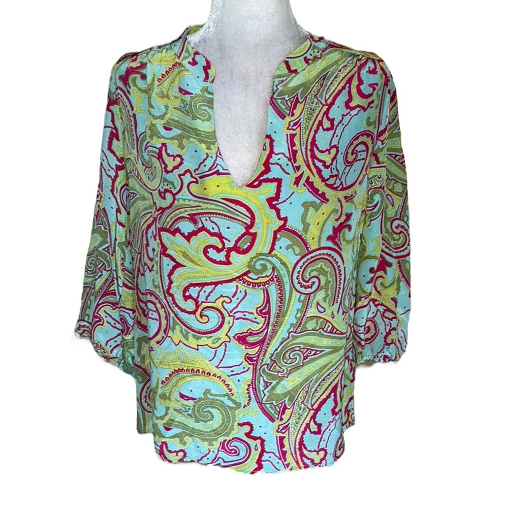 Amour Vert Silk Paisley Aqua Blue, Green, Pink Split V-Neck 3/4 Puff Blouse - S